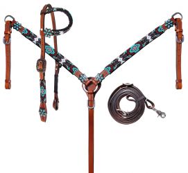 Showman Turquoise and Burgundy Beaded Aztec Headstall and Breastcollar Set